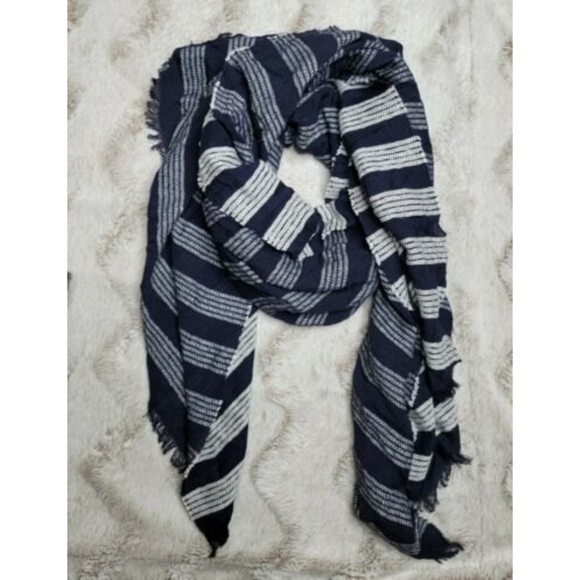 J Crew Cotton Blend White Blue Stripe Scarf Fringe Border - Picture 2 of 6